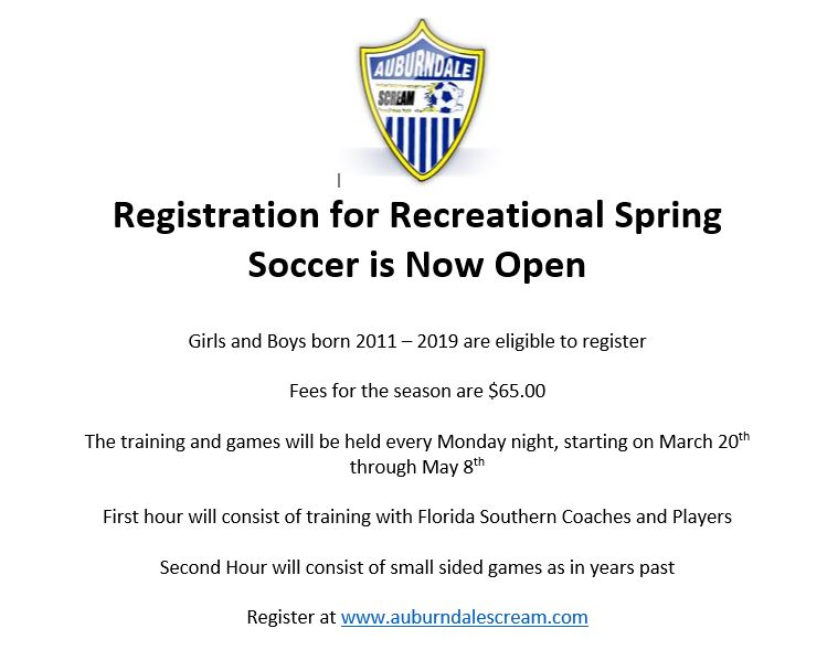 2023 - Recreational Spring Soccer Registration is now Open | Auburndale ...